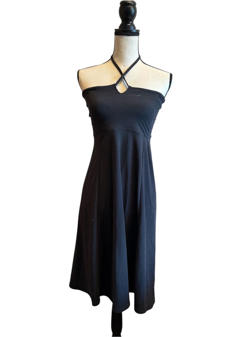 Prana Solana halter Black A-Line Dress Med stretch tie top knee length